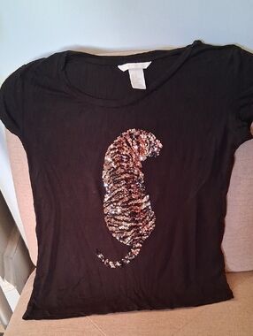 H&M Black Tee with Sequin Tiger Motif